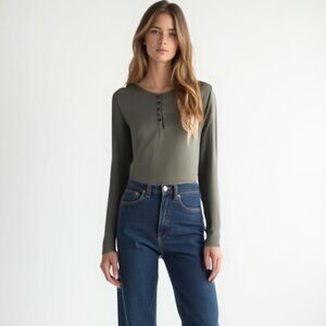 DAZY Gray Long Sleeve Henley Top XXL Women's Olive Green Ribbed Button Knit